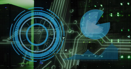 Displaying HUD, pie chart, line graph, circuitry in control center, person behind green lit panel