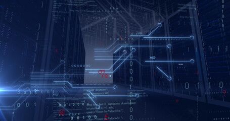 Illuminating central server racks bathing data center corridor in blue, with binary code overlays