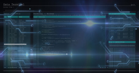 Showing central console running code in cyber hub with translucent data panels and glowing circuits