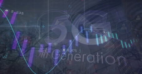 Futuristic 5G Generation visualization floating over trees at night, with holographic bar charts