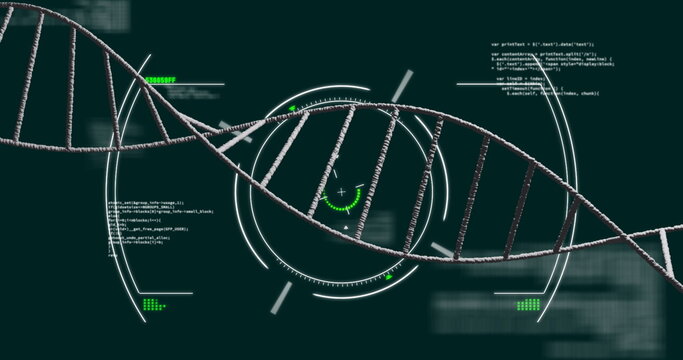 Displaying DNA helix running across teal interface, with holographic reticles and code snippets