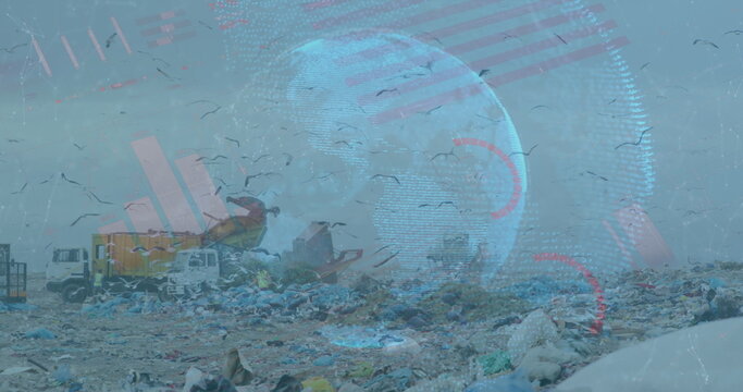 Landfill waste with two trucks dumping trash, circling birds, showing digital globe chart overlay