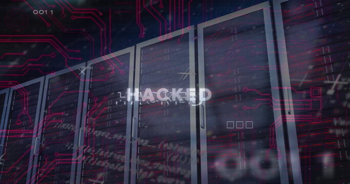 Displaying server racks in server room with red circuit graphics, code snippets, hacked glitch text