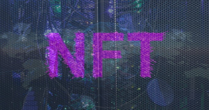 Displaying magenta NFT letters glowing in low-lit digital art showcase, with hex grid fragments