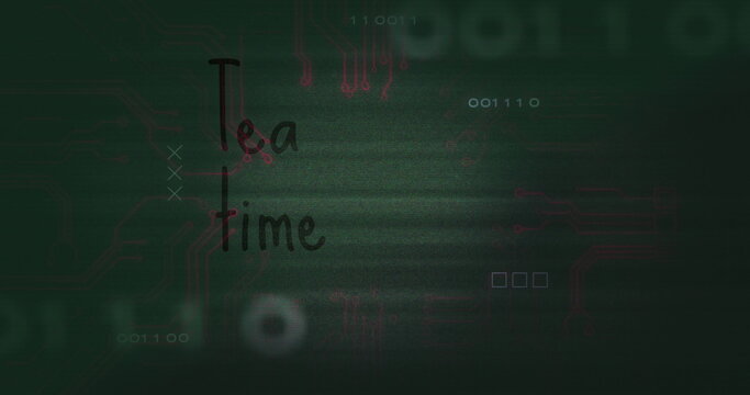 Fototapeta Hovering 'Tea time' text over circuit display with binary code squares and glitch overlays