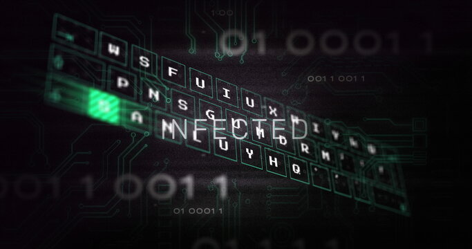 Showing floating keyboard with led keycaps glitching INFECTED text in digital matrix, binary code