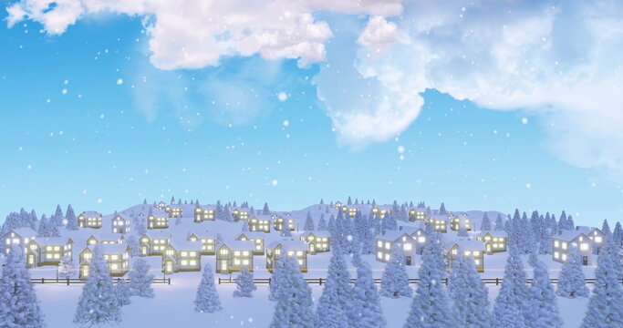 Fototapeta Cluster of snowy houses glowing from lit windows on hills with evergreen trees, falling snowflakes