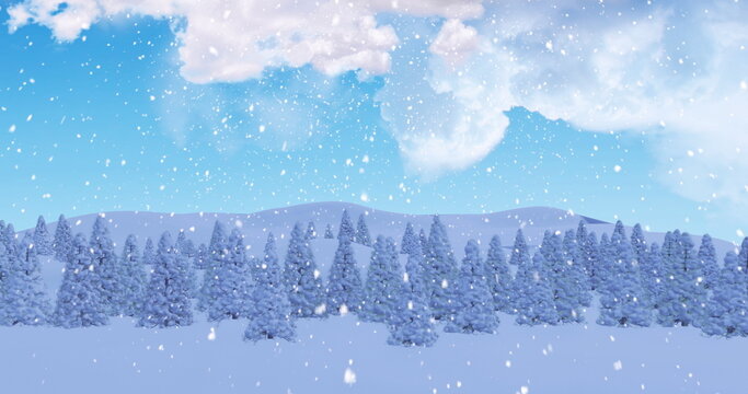 Fototapeta Falling snowflakes drifting through snowy hills, with snow-laden evergreen trees in winter