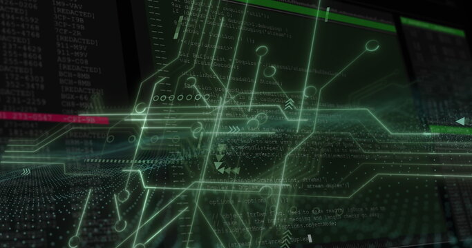 Displaying green circuit network overlay in cyber interface with data streams, code and UI borders