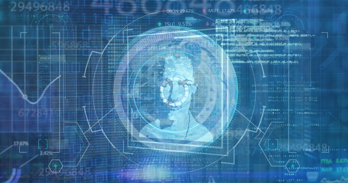 Scanning biometric scan in console with fingerprint icon, head silhouette, scan rings and overlays - Powered by Adobe