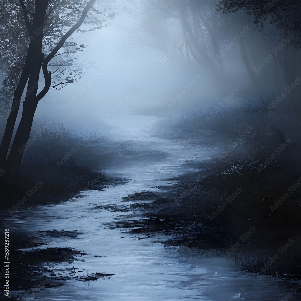 Aufkleber a serene river flows through a dense forest shrouded in mist creating an ethereal and mysterious sce