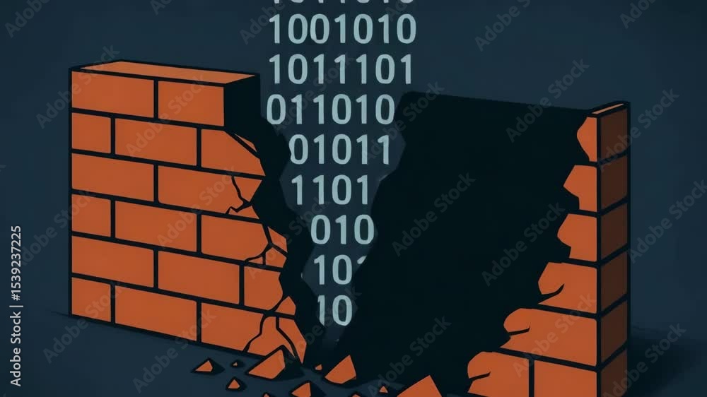 Poster a digital illustration showing a brick wall cracking, revealing streams of binary code. this visual 
