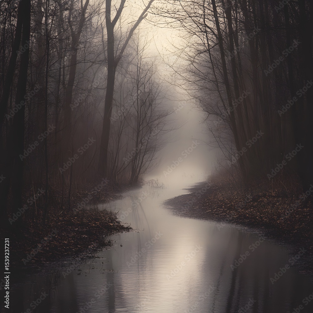 Aufkleber a foggy stream winding through a dark forest with bare trees and a mysterious atmosphere in autumn