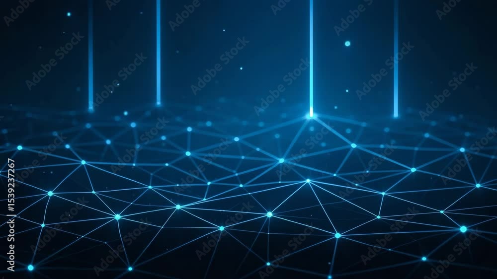 Poster a vibrant digital background featuring interconnected lines and blue beams of light, representing da