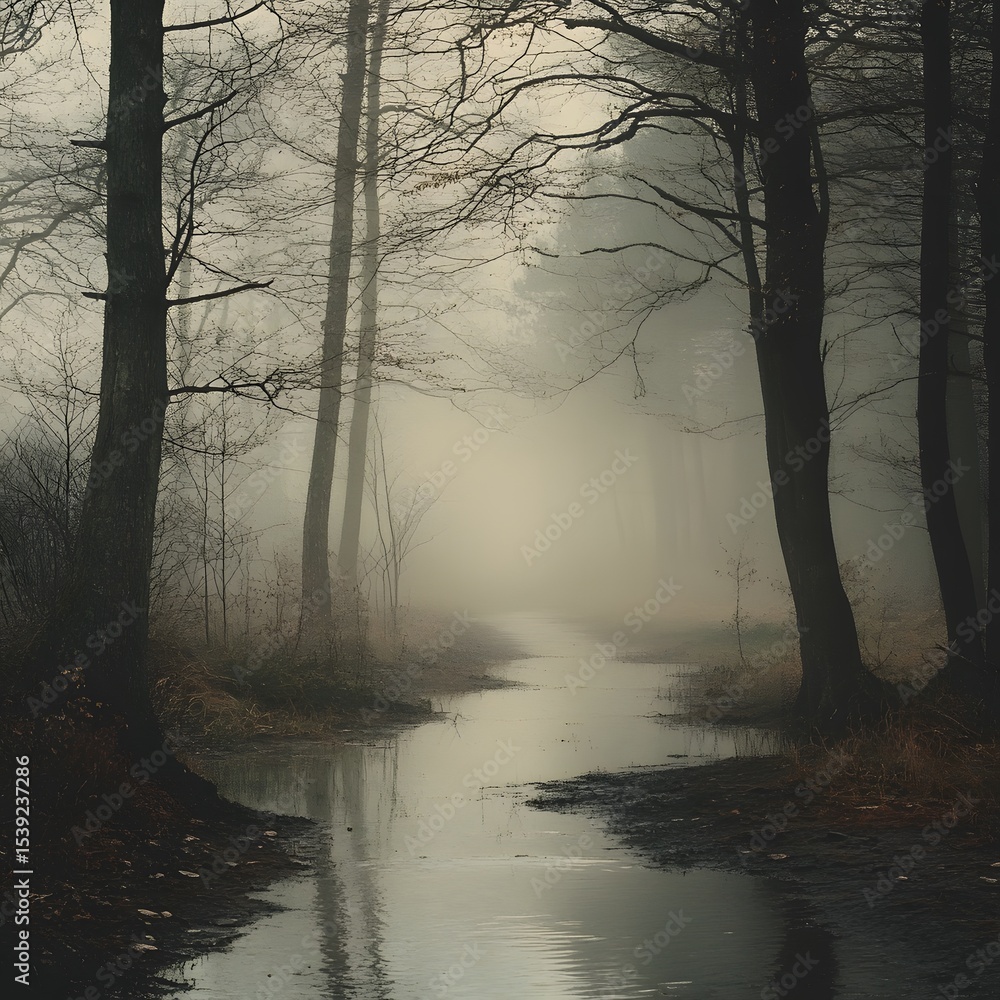 Aufkleber a foggy forest scene with a stream running through it and bare trees in the background and foregroun