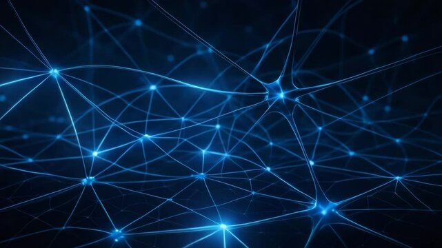 A mesmerizing abstract representation of a digital network, showcasing intertwining blue lines and connections on a dark background, symbolizing data flow and innovation.
