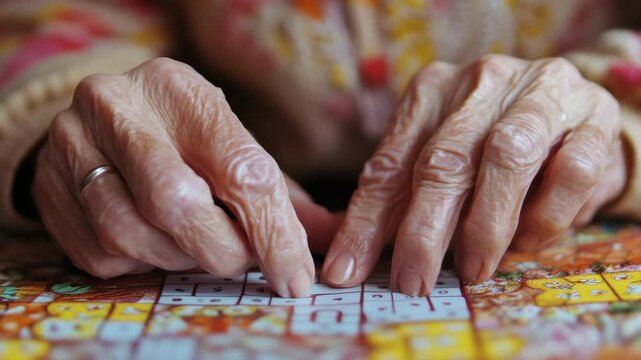 Elderly hand solving a jigsaw puzzle to stimulate brain function.