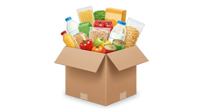 Overflowing cardboard box filled with groceries, including pasta, milk, and canned goods