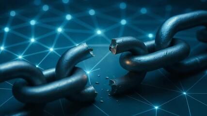This image illustrates a broken chain link set against a digital network backdrop, symbolizing disruption and vulnerability in technological systems and cybersecurity challenges. - Powered by Adobe