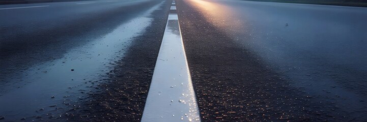 Wet asphalt road with white line and orange streetlight glow – Ideal for transportation ads, solitude themes, or urban design visuals
