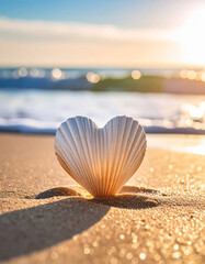 Fototapeta premium A seashell heart placed on wet sand with waves approaching softly in the background.