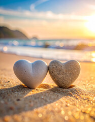 Two perfectly matched pebbles are nestled together forming a heart on a sandy beach at the water's edge.