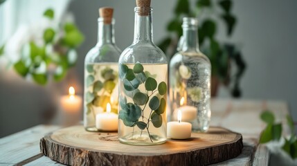 Three glass bottles with eucalyptus, candles, and wood slice