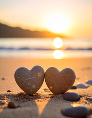 Fototapeta premium Two perfectly matched pebbles are nestled together forming a heart on a sandy beach at the water's edge.