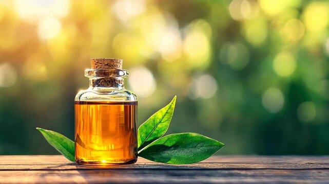 Tea Tree Oil Serenity: A small glass bottle of golden tea tree oil sits on a wooden table, adorned with fresh tea tree leaves, with a blurred background of vibrant greenery.