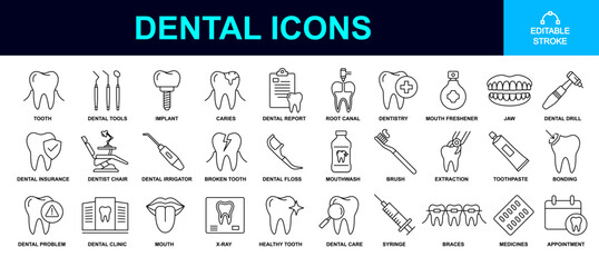 dental icon set including dentistry, dental tools, implant, tooth, clinic, braces, toothbrush, paste, inspect, xray, dental problem, caries, root canal, dental drill, insurance, irrigator, extraction 
