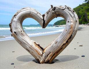 Fototapeta premium A sculpted piece of driftwood, naturally weathered, forms an organic, rustic heart shape on a quiet beach.