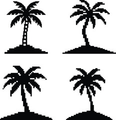 Pixel-style Set - 4 Coconut Tree Silhouettes on Unique Islands, EPS/JPEG/PNG