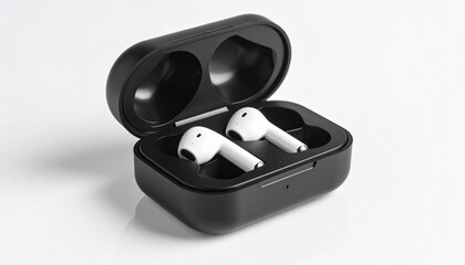 Wireless earbuds in charging case. Ideal for tech ads, product promos, and lifestyle electronics branding.