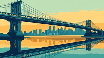 NYC skyline, Brooklyn Bridge at dawn, reflected in water