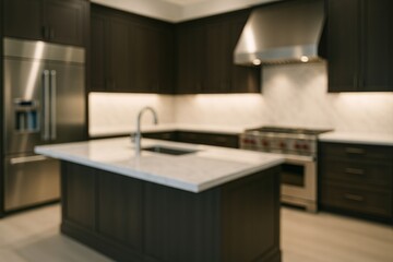 Luxurious modern kitchen with dark cabinets, stainless steel appliances, and a marble island countertop. Blurred abstract home interior space.