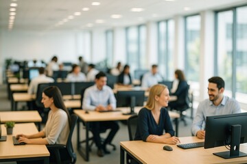 Blurred office with an asian woman typing on a computer. Modern business background for office, teamwork, and corporate life.