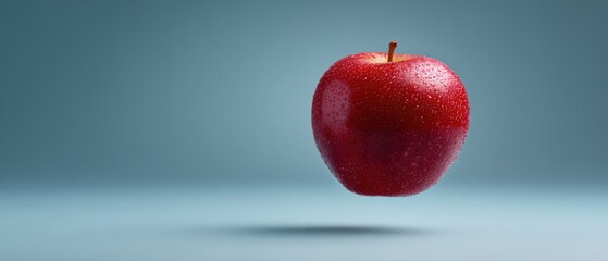 Red apple hovers with condensation droplets on skin. Fruit, healthy eating, fresh produce, delicious treat, nature's bounty.