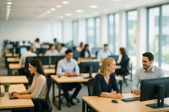 Blurred office with an asian woman typing on a computer. Modern business background for office, teamwork, and corporate life.