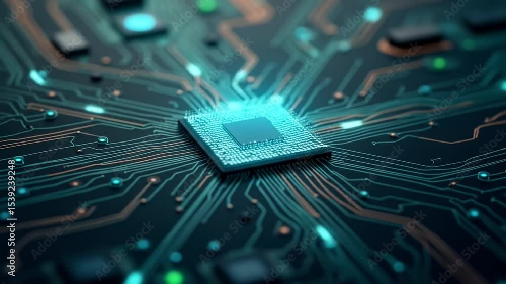 Poster futuristic technology: close-up of an advanced computer chip on circuit board