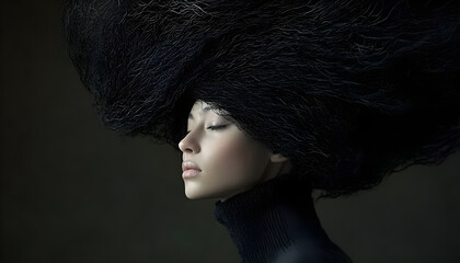 portrait of a model with an artistic, textured black wool like hairstyle, conveying a sense of tranquility and creativity in an abstract style