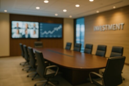 Blurred empty corporate boardroom with chairs, conference table, and screens showing video call and financial chart.