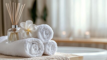 Clean and staged hotel bathroom with spa towels and aromatic diffuser