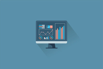 Web analytic information on Computer screen flat icon. trend graphs report concept. statistic charts for planning and accounting.
