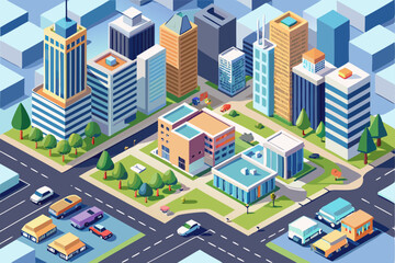 An isometric vector illustration depicting a vibrant city street scene with diverse buildings, trees, and urban architecture elements