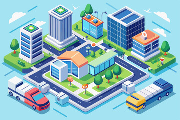 Isometric city vector illustration set: urban buildings, homes, factories, and streets designed for business and real estate maps