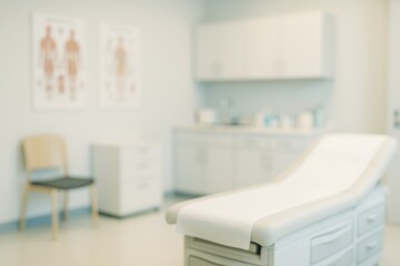 Blurred medical examination room with an examination table and anatomical charts on the wall. Healthcare facility.