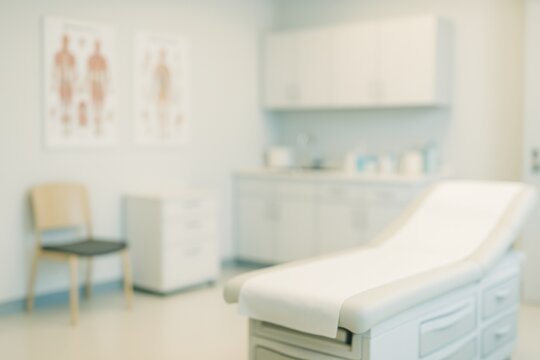 Blurred medical examination room with an examination table and anatomical charts on the wall. Healthcare facility.