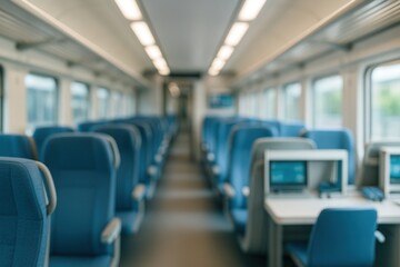 Empty cabin interior of a modern train, blurred background with blue seats and windows. Commuting, travel and transportation concept.