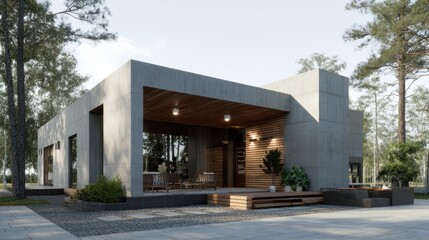 D visualization of modern home entry with gravel garden and clean facade