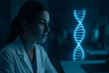 Female Scientist Analyzing Holographic DNA Strand in Futuristic Laboratory